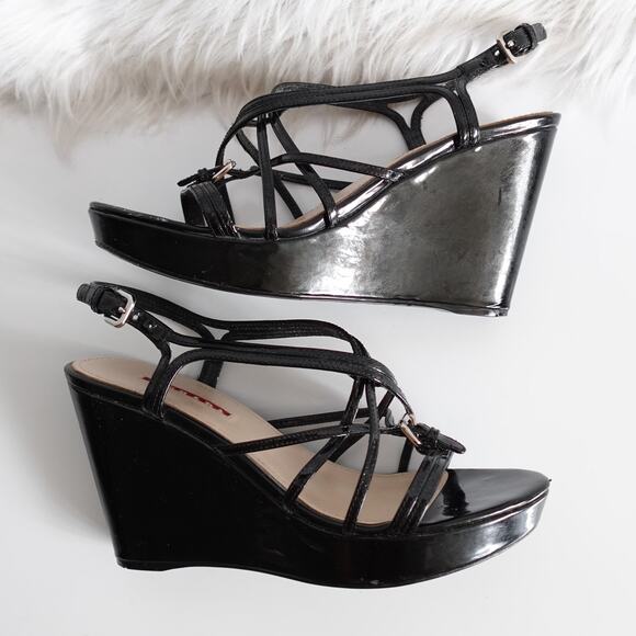 Prada Black Patent Leather Strappy Buckled Wedge Sandals - Picture 3 of 16